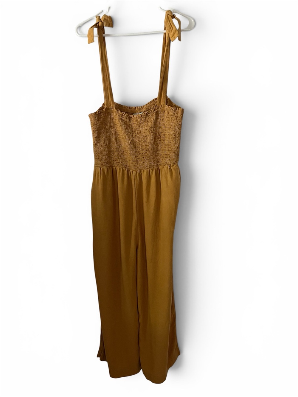 Susina SzMP Linen Blend Tie-Shoulder, Smocked Bodice, Crop Leg Jumpsuit, Pumpkin